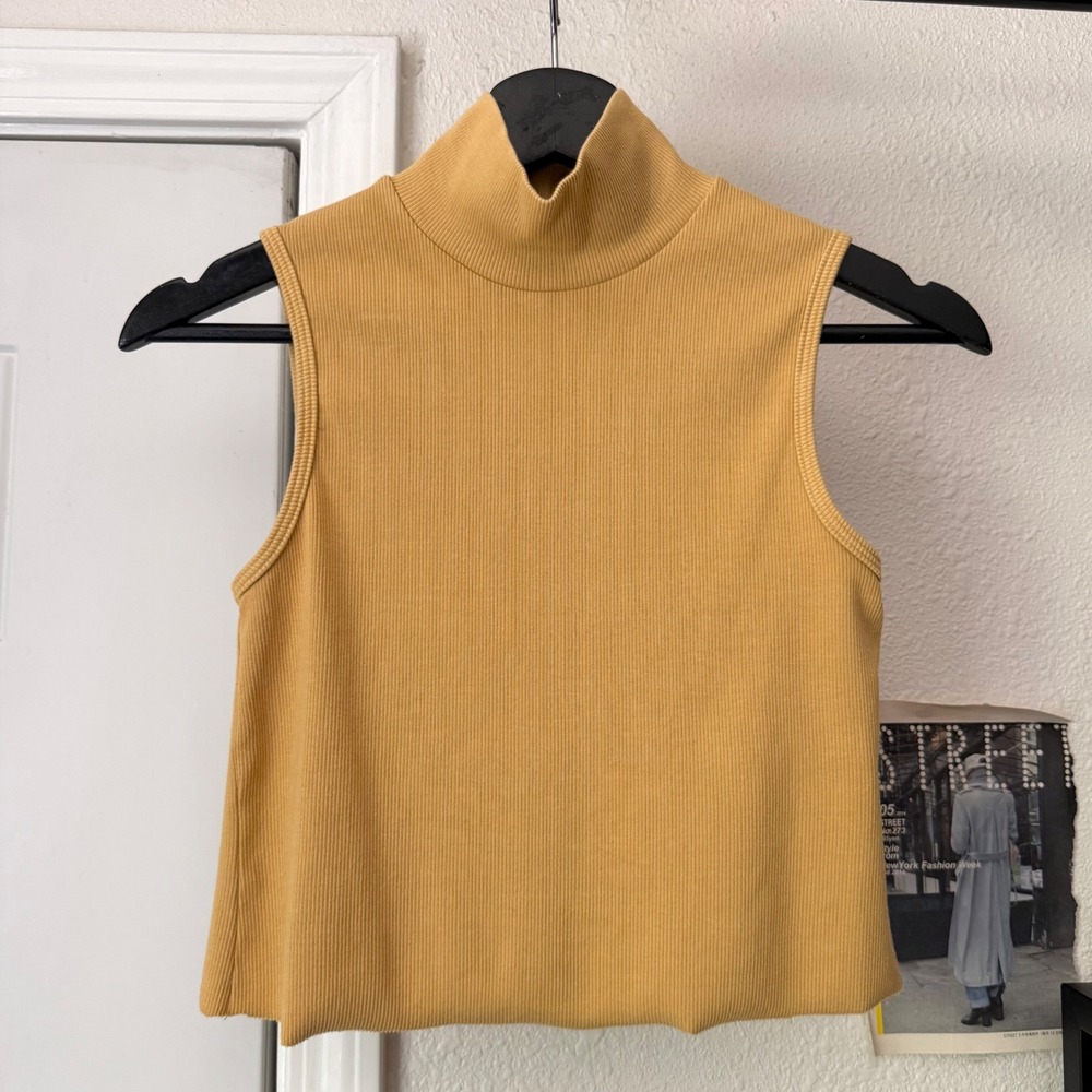 PRAIRIE UNDERGROUND mustard pale yellow ribbed mock cropped raw hem tank top